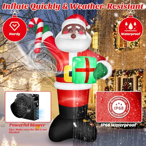 8 FT Tall Black Santa Inflatable Christmas Yard Decoration with LED Lights, Candy Cane & Gift Box - Outdoor Holiday Blow Up Santa Claus