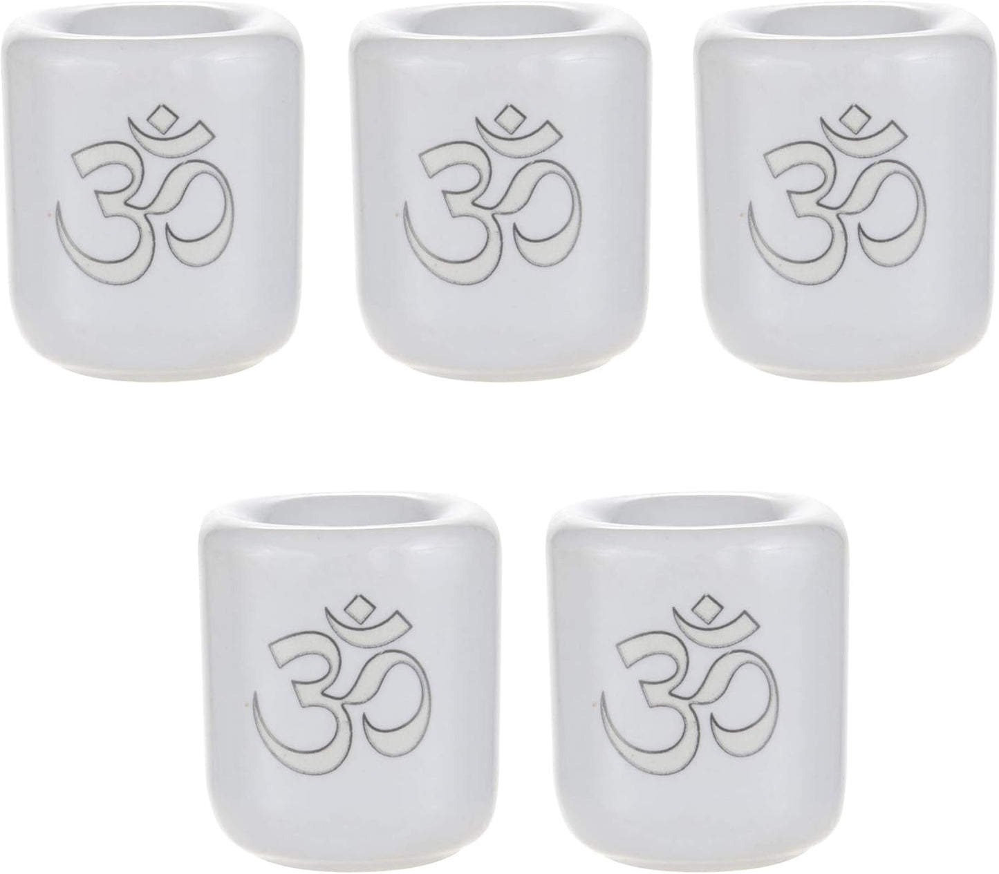 Mega Candles Ceramic Silver Om Chime Ritual Candle Holder - Set of 5, White