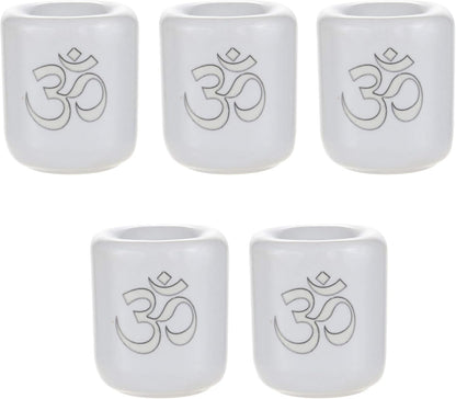 Mega Candles Ceramic Silver Om Chime Ritual Candle Holder - Set of 5, White