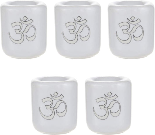 Mega Candles Ceramic Silver Om Chime Ritual Candle Holder - Set of 5, White
