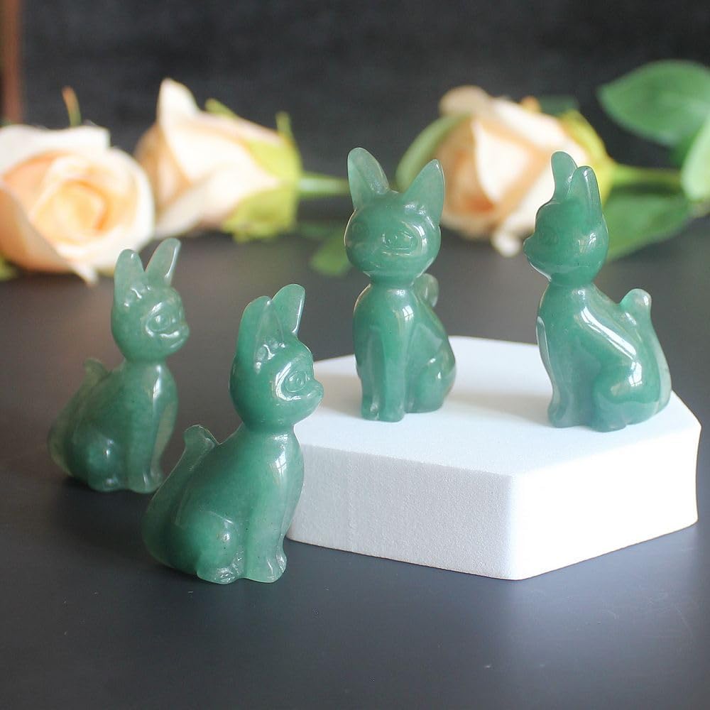 Skiennix Hand-Carved Gemstone Crystal Abyssinian Cat Figurine - Green Aventurine 2" Home Decor