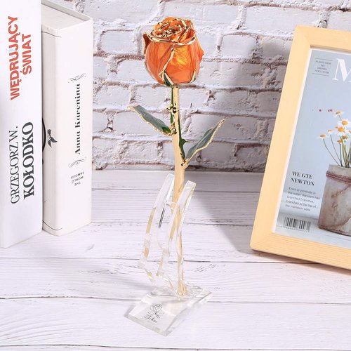 24K Budding Gold Rose Her, Real Golden Plated Red Rose, Gold Dipped Flower Present for Wife, Mom, Grandma, Birthday, Anniversary, Wedding (Orange)