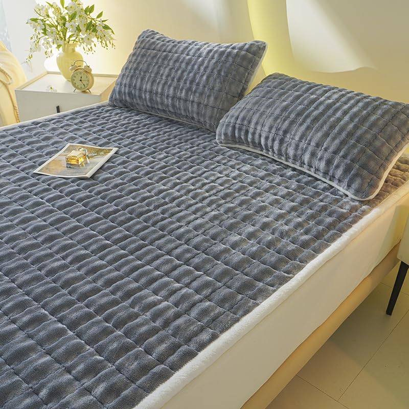 Light Gray Plush Mattress Pad with Pillowcase Set - Full Size Cloud-Like Topper