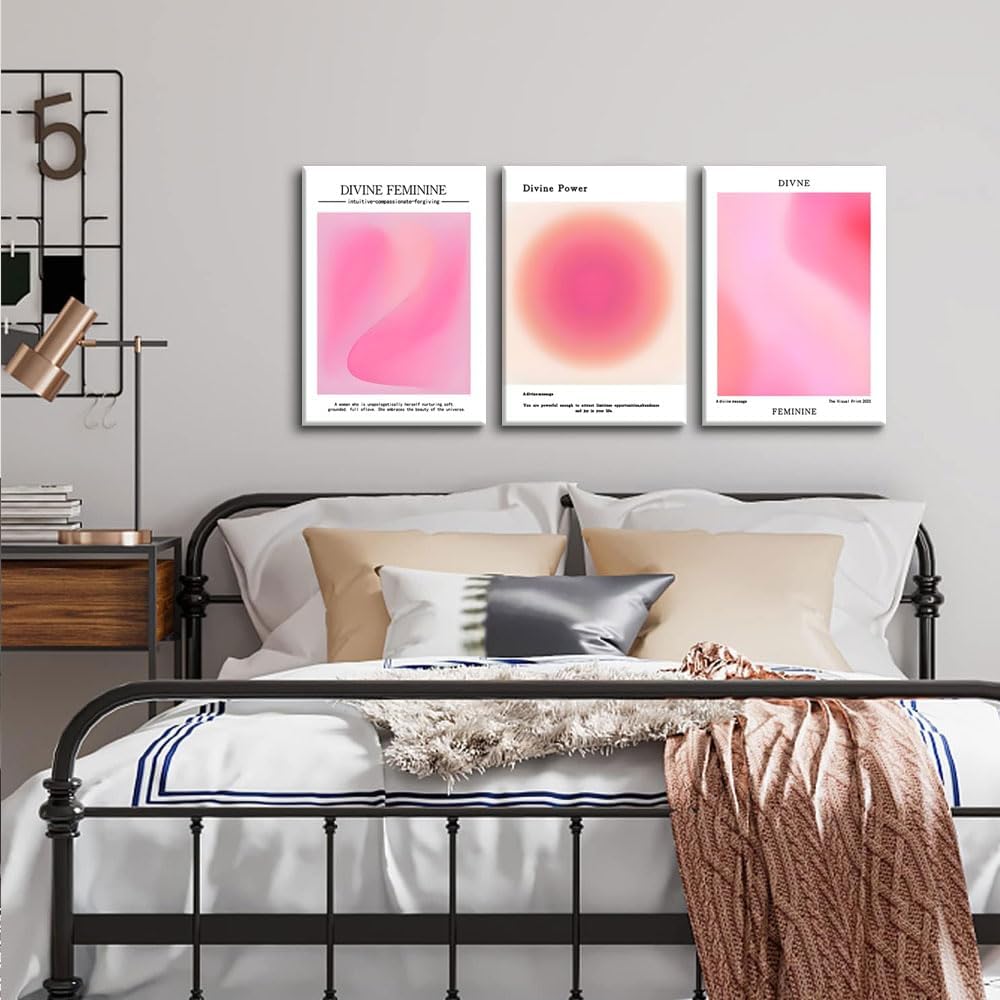 Trendy Aesthetic Canvas Wall Art - Set of 3 Pink Gradient Aura Angel Prints | Framed 12x16 Inch Room Decor