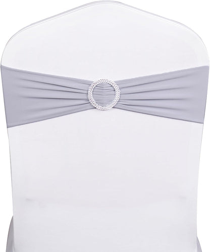 Skiennix 50 Pack Spandex Chair Sashes - Silver Grey with Slider Buckles for Weddings & Events