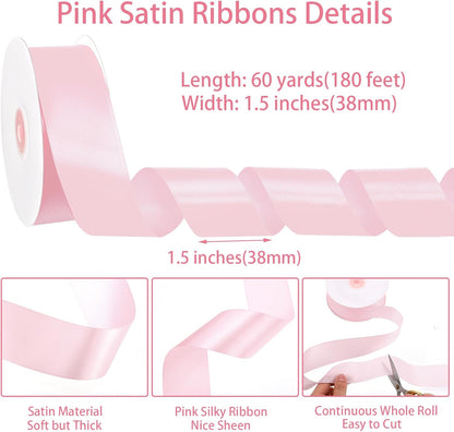 Woric Pink Ribbon - 1.5 Inch Satin Ribbon for Wedding Decor | 60 Yards Light Pink for Bouquets & Crafts