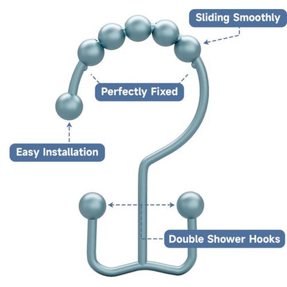 Titanker Shower Curtain Hooks Rings, Rust-Resistant Metal Double Glide Shower Hooks for Bathroom Shower Rods Curtains, Set of 12 Hooks - Lightcyan