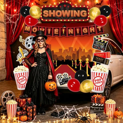 Halloween Movie Night Car Decorations Kit with Banner and Balloons - Variation of Movie Night