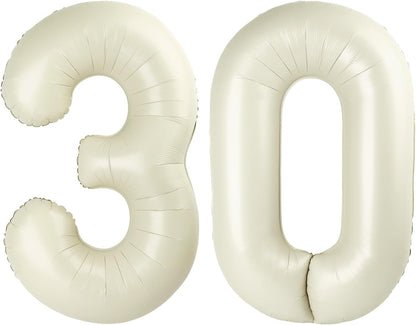 Number Balloons - 30th Birthday Decoration - 40-Inch Cream Foil Balloons for Celebrations