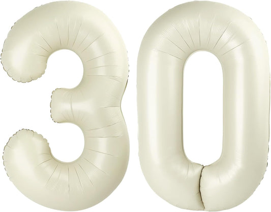 Number Balloons - 30th Birthday Decoration - 40-Inch Cream Foil Balloons for Celebrations