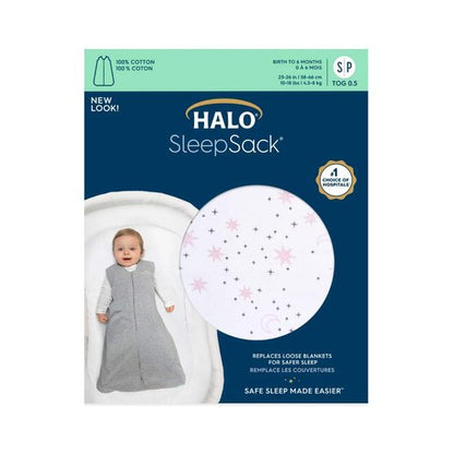HALO SleepSack, 100% Cotton Wearable Blanket, Swaddle Transition Sleeping Bag, TOG 0.5, Midnight Moons-pink, Small, 0-6 Months