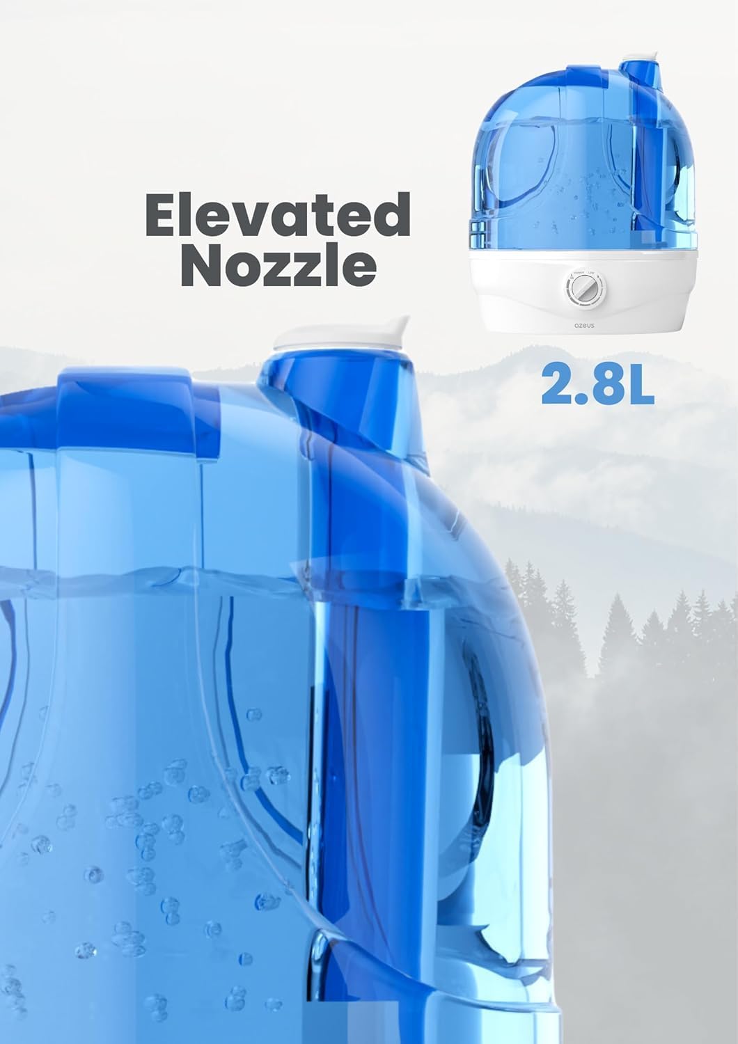 AZEUS Ultrasonic Cool Mist Humidifier - 2.8L Top Fill Design for Home & Nursery | Quiet, BPA-Free, 30-Hour Run Time