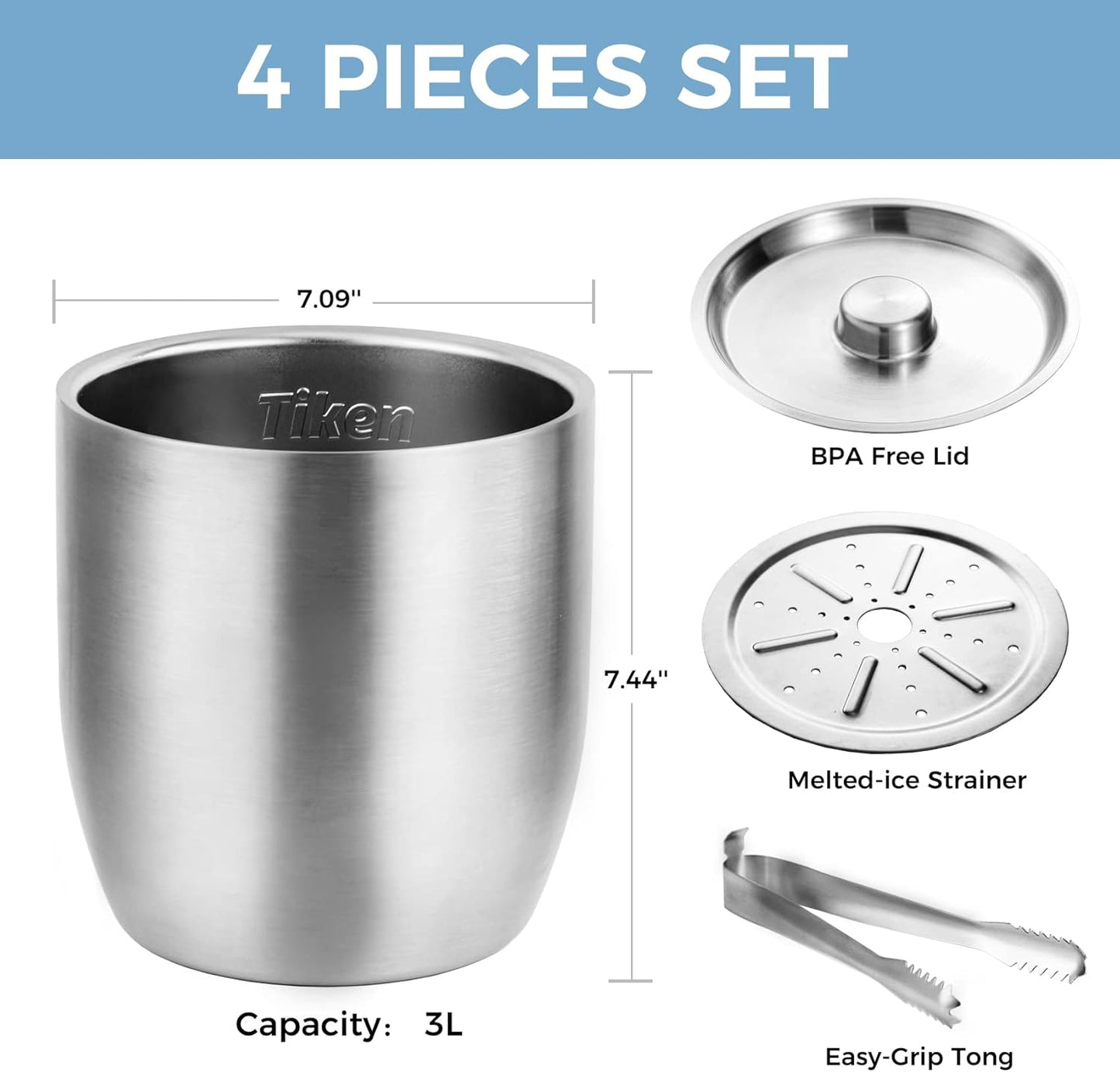 Tiken 3L Double-Wall Vacuum Insulated Ice Bucket with Lid & Tong Stainless Steel Champagne Buckets for Cocktail Bar, Parties & Outdoor