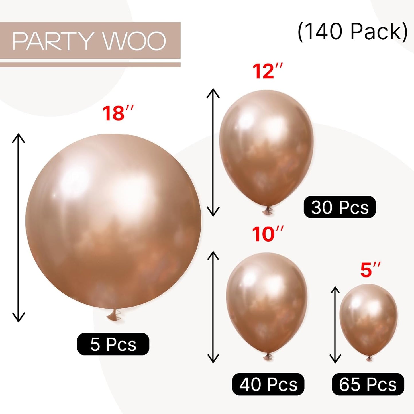 PartyWoo Metallic Rose Gold Balloons - 140pcs Chrome Balloon Arch Kit for Birthdays & Anniversaries | 5-18 Inch Sizes