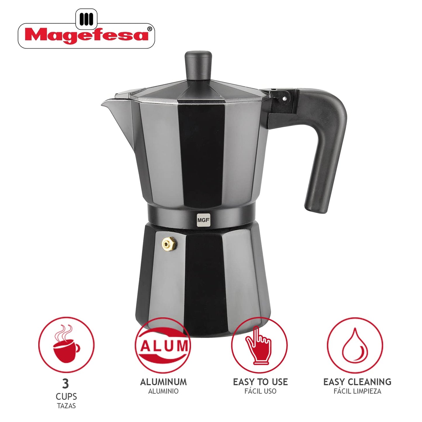 MAGEFESA ® Kenia Noir Stovetop Espresso Coffee Maker, 3 cups / 5 oz, make your own home italian coffee with this moka pot cuban cooffe, made in black enamelled aluminum, safe and easy to use, café