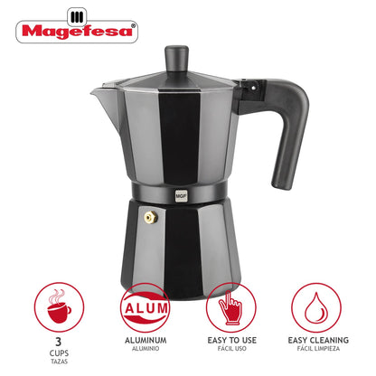 MAGEFESA ® Kenia Noir Stovetop Espresso Coffee Maker, 3 cups / 5 oz, make your own home italian coffee with this moka pot cuban cooffe, made in black enamelled aluminum, safe and easy to use, café