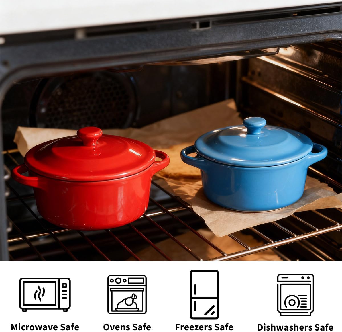 Skiennix 6 Pack Mini Cocotte - 8 OZ Ceramic Ramekins with Lids & Handles | Oven Safe Casserole Dishes in 6 Colors