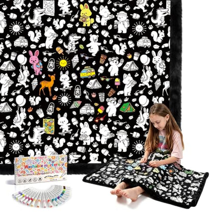 Kids & Adults Coloring Blanket Kit with 20 Washable Markers - 40x60 Inch DIY Art Set