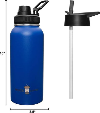 32 oz Stainless Steel Water Bottle by Mugs N Coffee - Blue Vacuum Insulated Travel Mug with Two Lids | Double Wall, Leak-Resistant, BPA-Free