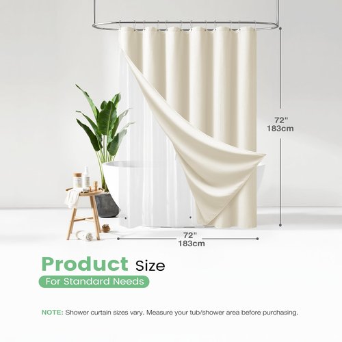Dynamene Ivory Shower Curtain and Liner Set, Waffle Weave Fabric, Waterproof Clear Liner, 256GSM Heavy Duty Weighted Hotel Luxury Cloth Shower Curtains for Bathroom with 12 Plastic Hooks, 72Wx72H