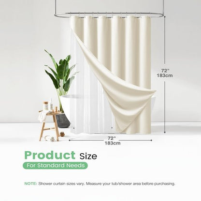 Dynamene Ivory Shower Curtain and Liner Set, Waffle Weave Fabric, Waterproof Clear Liner, 256GSM Heavy Duty Weighted Hotel Luxury Cloth Shower Curtains for Bathroom with 12 Plastic Hooks, 72Wx72H