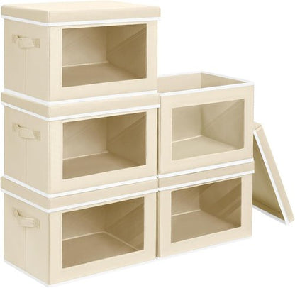 Homsorout Storage Cubes - 5 Pack Foldable Clear Window Bins with Lids | Large Beige Decorative Containers for Clothes & Blankets