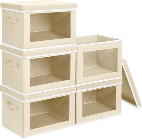 Homsorout Storage Cubes - 5 Pack Foldable Clear Window Bins with Lids | Large Beige Decorative Containers for Clothes & Blankets
