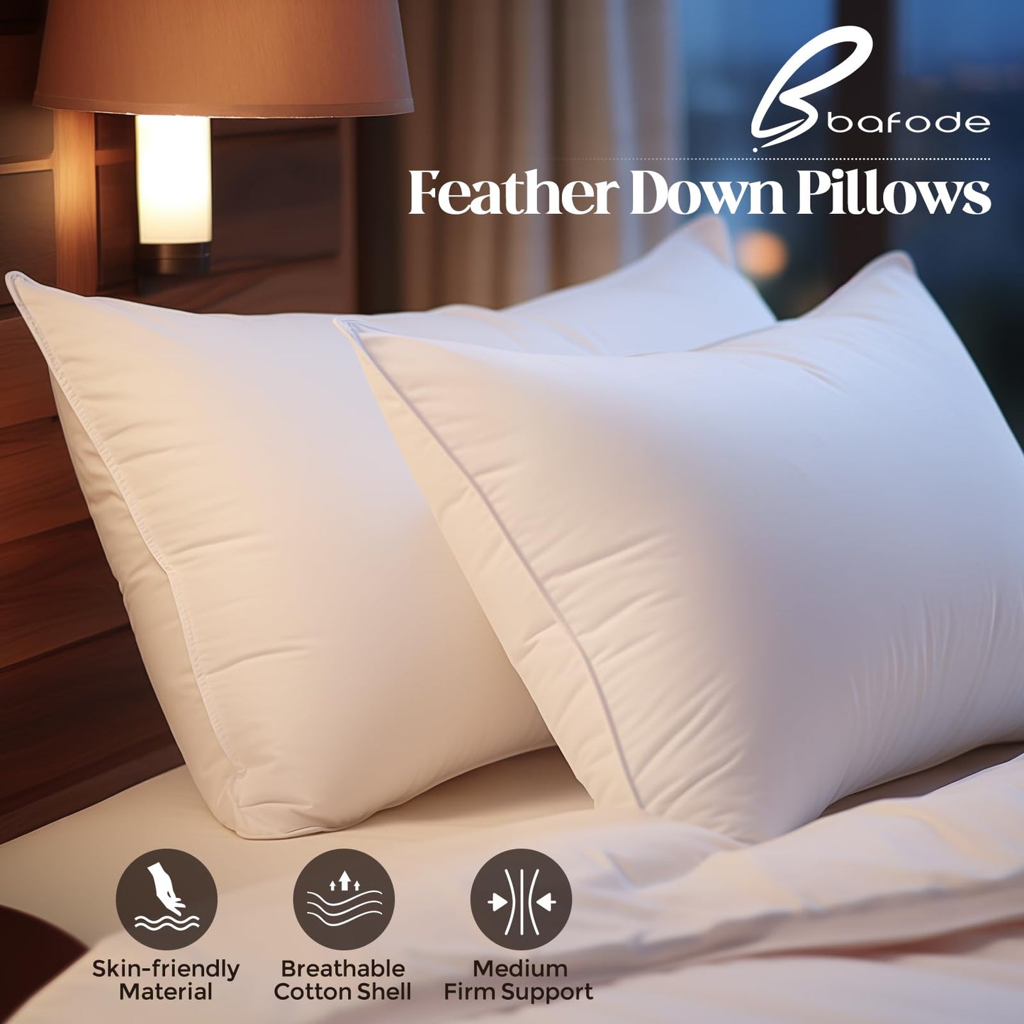 Goose Down Feather Pillows, Soft Bed Pillows King Size Set of 2, 100% Soft Cotton Shell, Hotel Pillows for Back, Stomach or Side Sleepers