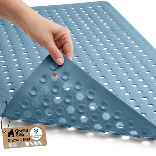 GORILLA GRIP Patented Bath Tub Shower Mat, Machine Washable Bathtub Floor Liner Mats, Suction Cups and Drain Holes to Keep Tubs Clean, Soft on Feet, Bathroom Essentials, 35x16 Inch, Sky Blue Opaque