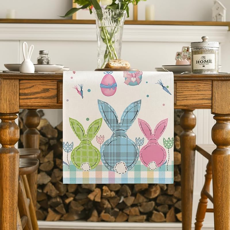 Buffalo Plaid Bunny Easter Table Runner - 13 x 60 inch, Seasonal Spring Decor (Variation: Blue/Pink/Green)