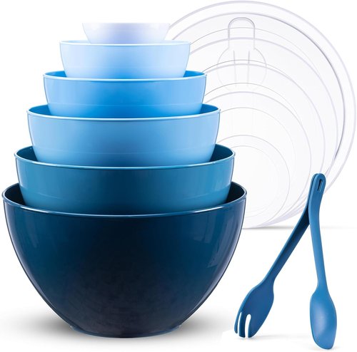 LUXEAR 14-Piece Mixing Bowls Set - Super Large Plastic Nesting Bowls with Lids & 2-in-1 Spoon | Microwave & Dishwasher Safe