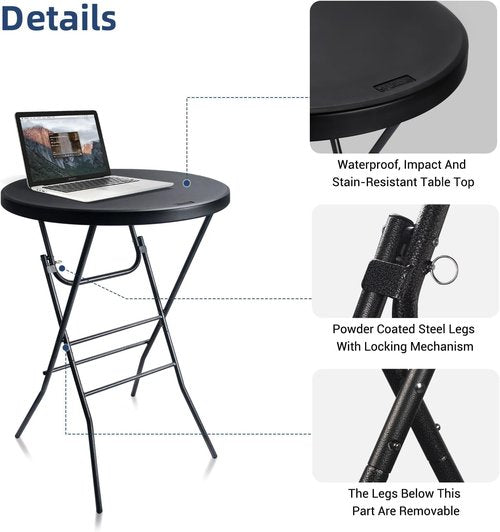 Byliable Folding Cocktail Table - 28in Round High Top for Indoor/Outdoor Use | Removable Legs, Black - 2PCS