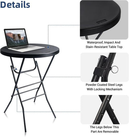 Byliable Folding Cocktail Table - 28in Round High Top for Indoor/Outdoor Use | Removable Legs, Black - 2PCS