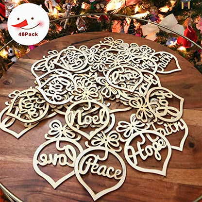48 Pack Wooden Christmas Ornaments with Words for Holiday Decorations