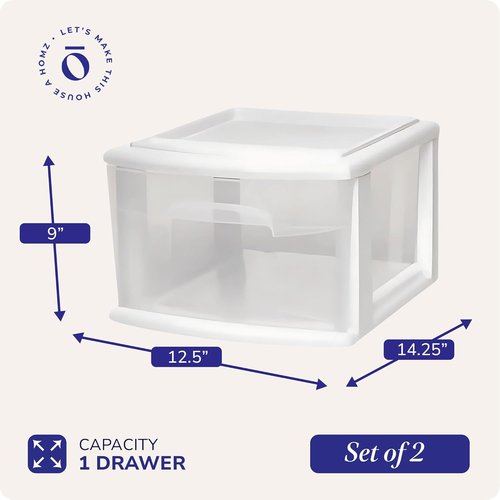 HOMZ 2-Pack Clear Plastic Storage Cart - 1-Drawer Organizers for Home, Office & Classroom | 14.25" Wide, White Frame
