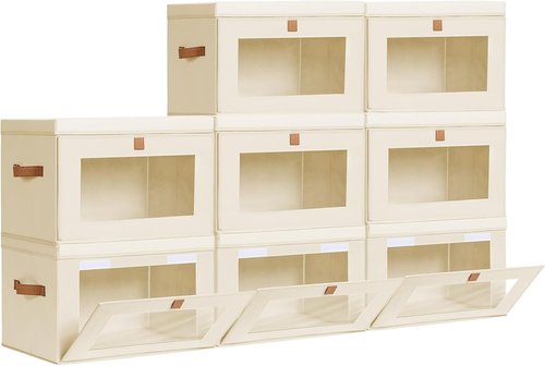 Homsorout Large Closet Storage Bins - Collapsible Clothing Organizer with Handles & Lids | 8 Pack, Beige