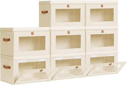 Homsorout Large Closet Storage Bins - Collapsible Clothing Organizer with Handles & Lids | 8 Pack, Beige