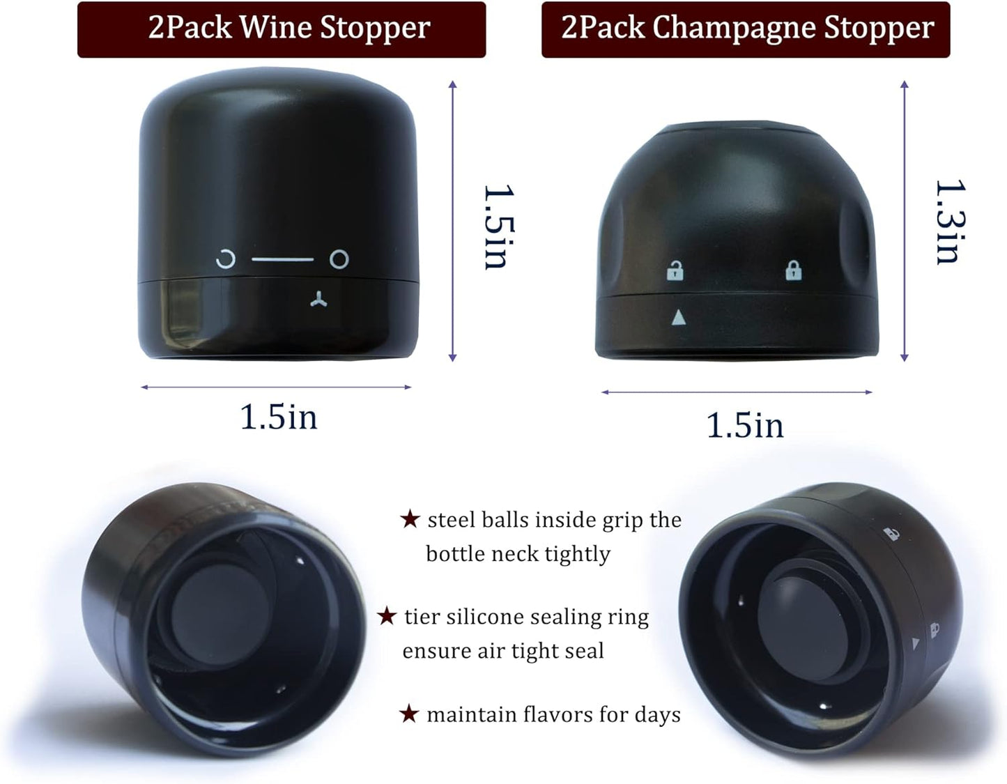 Wine and Champagne Stoppers， 2Pack Champagne and Wine Bottle Stopper, Reusable Leakproof Wine & Champagne Sealer, Keep Champagne & Wine Fresh