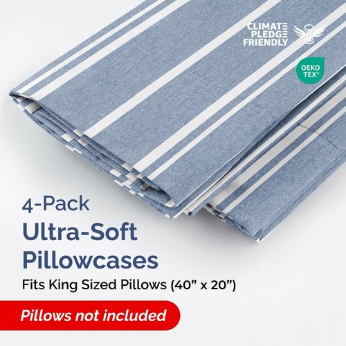 King Pillow Cases by [Brand Name] - Ultra Soft Hotel Quality Covers | Comfy, Wrinkle-Free - 4 Piece Set in Blue Stripes