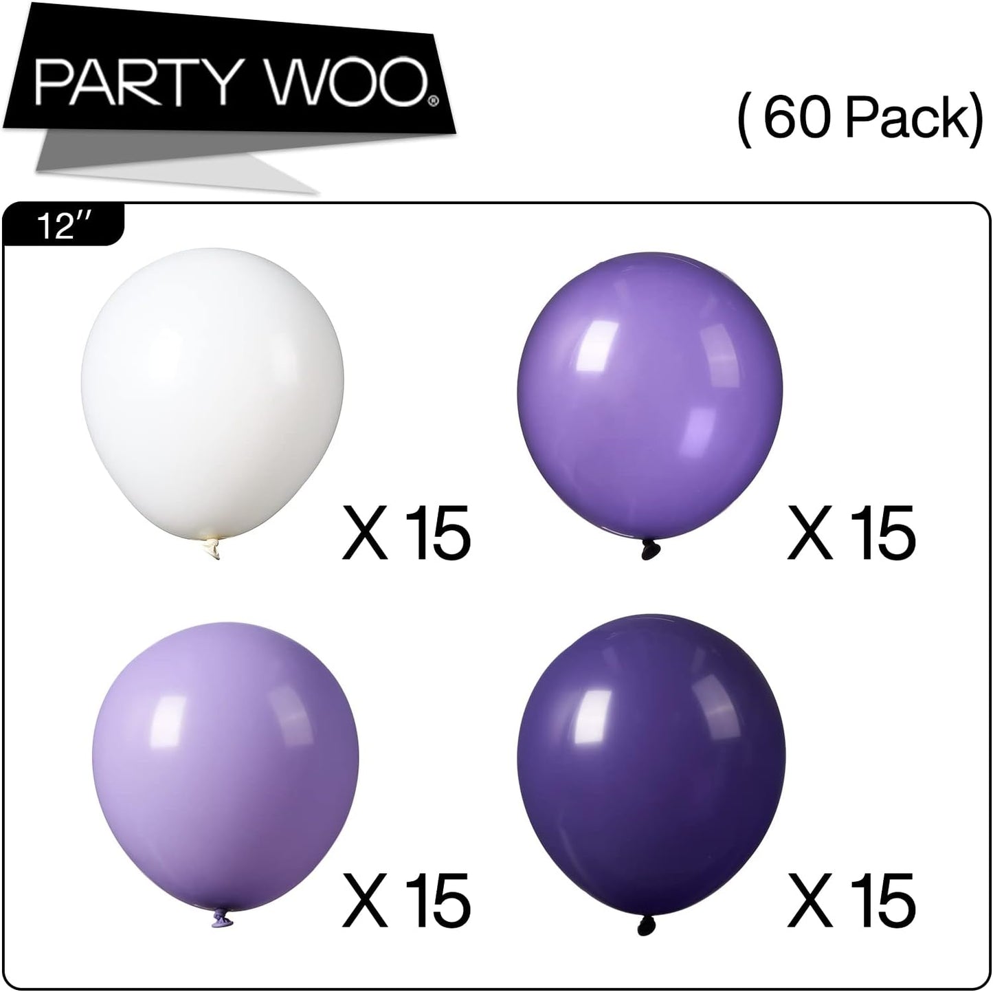 PartyWoo Purple Balloons - 60 Pcs 12 Inch Latex Balloons in Light Pastel Dark Purple & Lavender for Celebrations