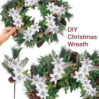 Artificial Christmas Poinsettia Picks with Faux Berries Pine Branches and Cones - Silver, Set of 6