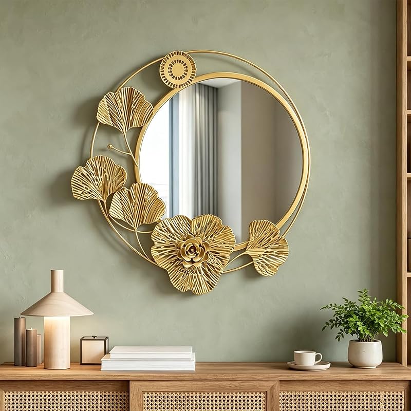 Gold 18" Round Wall Mirror with 3D Ginkgo Leaf Floral Frame