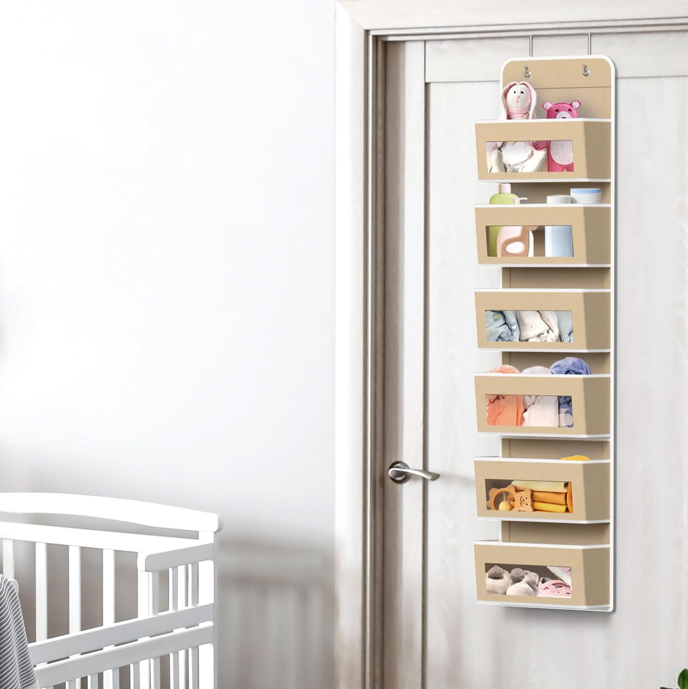 Simple Houseware 6 Pocket Over Door Hanging Organizer - Clear Window Design for Bedroom, Bathroom, Pantry | Beige
