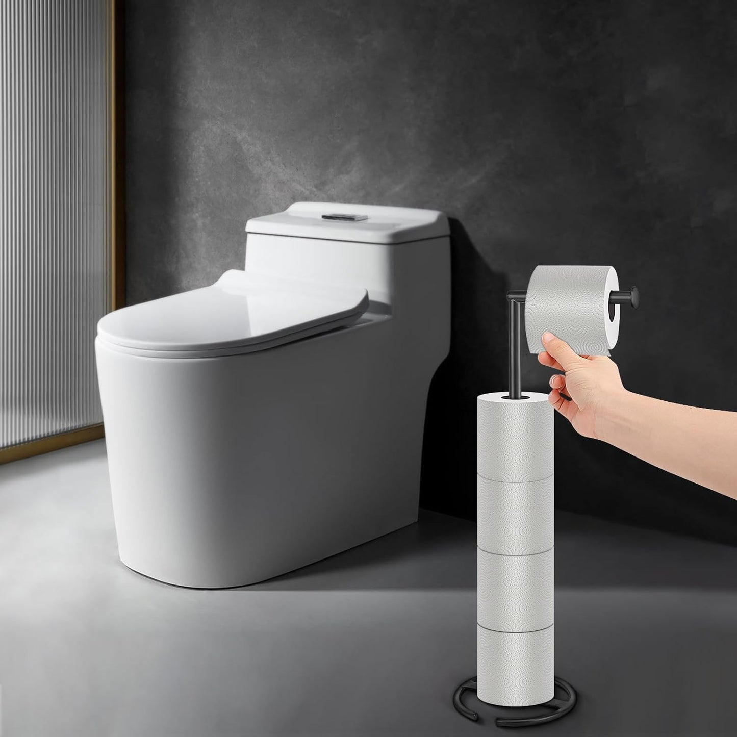 NearMoon Bath Toilet Paper Holder - Modern Standing Tissue Roll Holder with Rustproof Metal Base | Matte Black