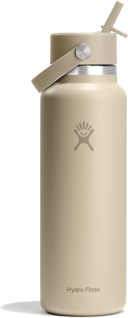 Hydro Flask Water Bottle - Insulated Stainless Steel with Wide Mouth Flex Straw Lid | 40 Oz Tonal Oat, Leakproof & Refillable