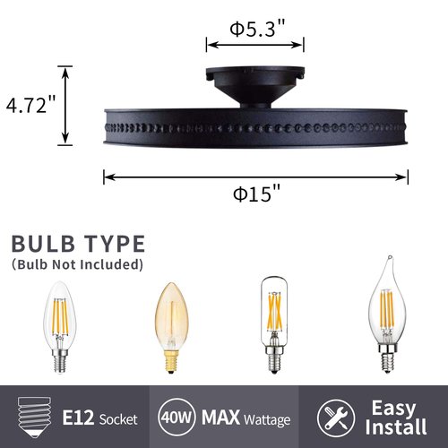 KJLARS Ceiling Light Fixture Flush Mount Ceiling Lamp Black Farmhouse Chandelier Industrial Rustic Light fixtures Pendant Lighting 4-Light E12 Kitchen Lighting