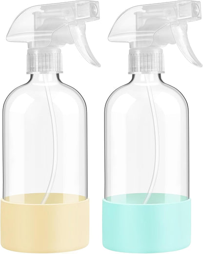 Skiennix Glass Spray Bottles - 16 oz Reusable with Silicone Sleeve & Adjustable Nozzle | 2 Pack in Pale Yellow & Mint Green