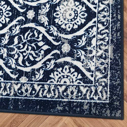 Antep Rugs Alfombras Non-Skid (Non-Slip) 5x7 Rubber Backing Floral Geometric Low Profile Pile Indoor Area Rugs (Navy Blue, 5' x 7')