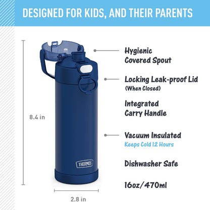 THERMOS FUNTAINER 16 Ounce Stainless Steel Insulated Bottle - Wide Spout Lid, Navy Color