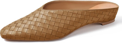 Woven Mules for Women Slip on Comfortabke Metallic Slides Ladies Trendy Square Toe Hidden Wedge Mules